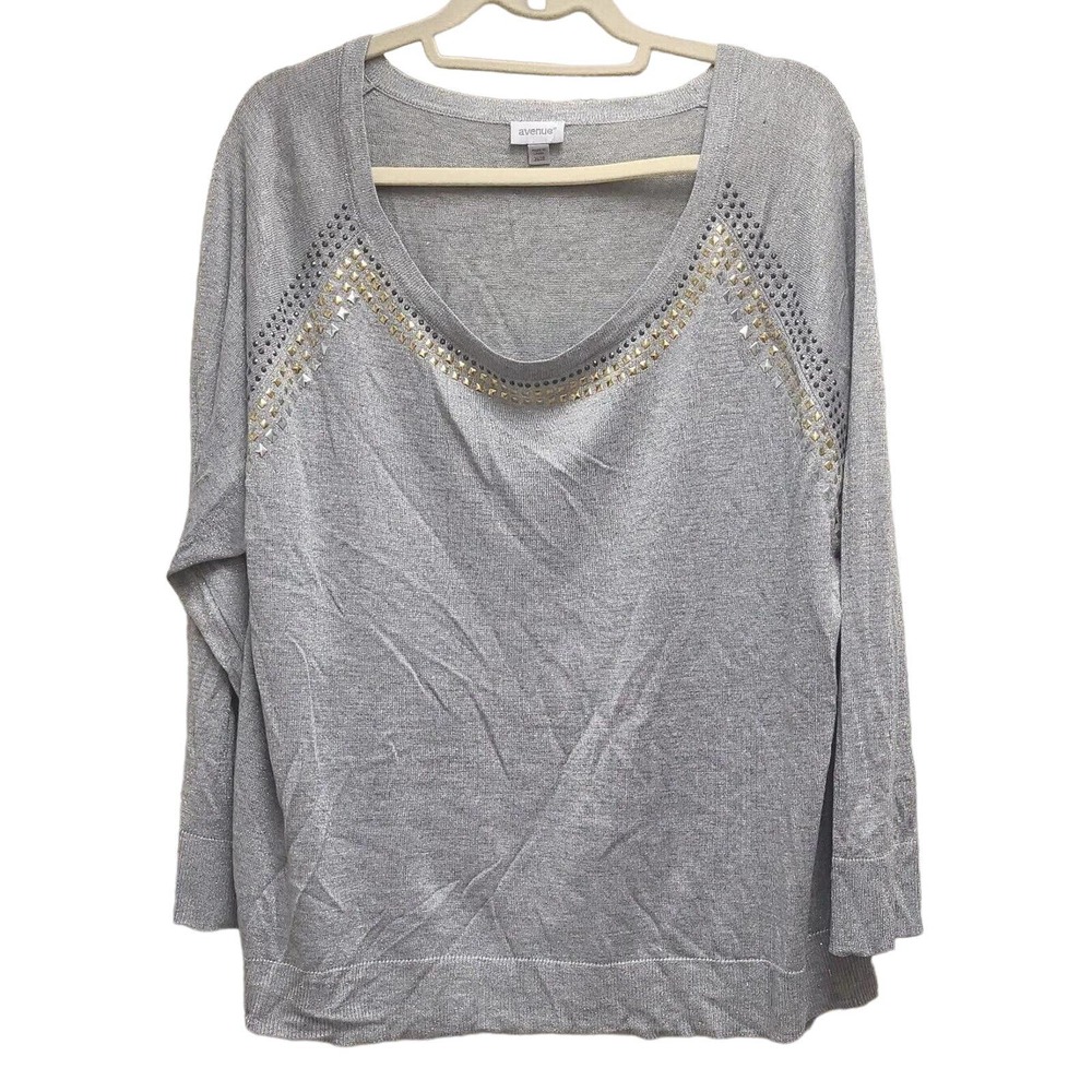 Avenue Gray Scoop Neck Sweater with Gold Accents